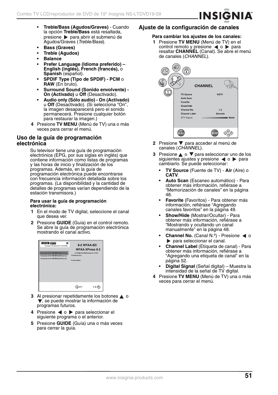 Uso de la guía de programación electrónica, Ajuste de la configuración de canales | Insignia User Guide User Manual | Page 51 / 76