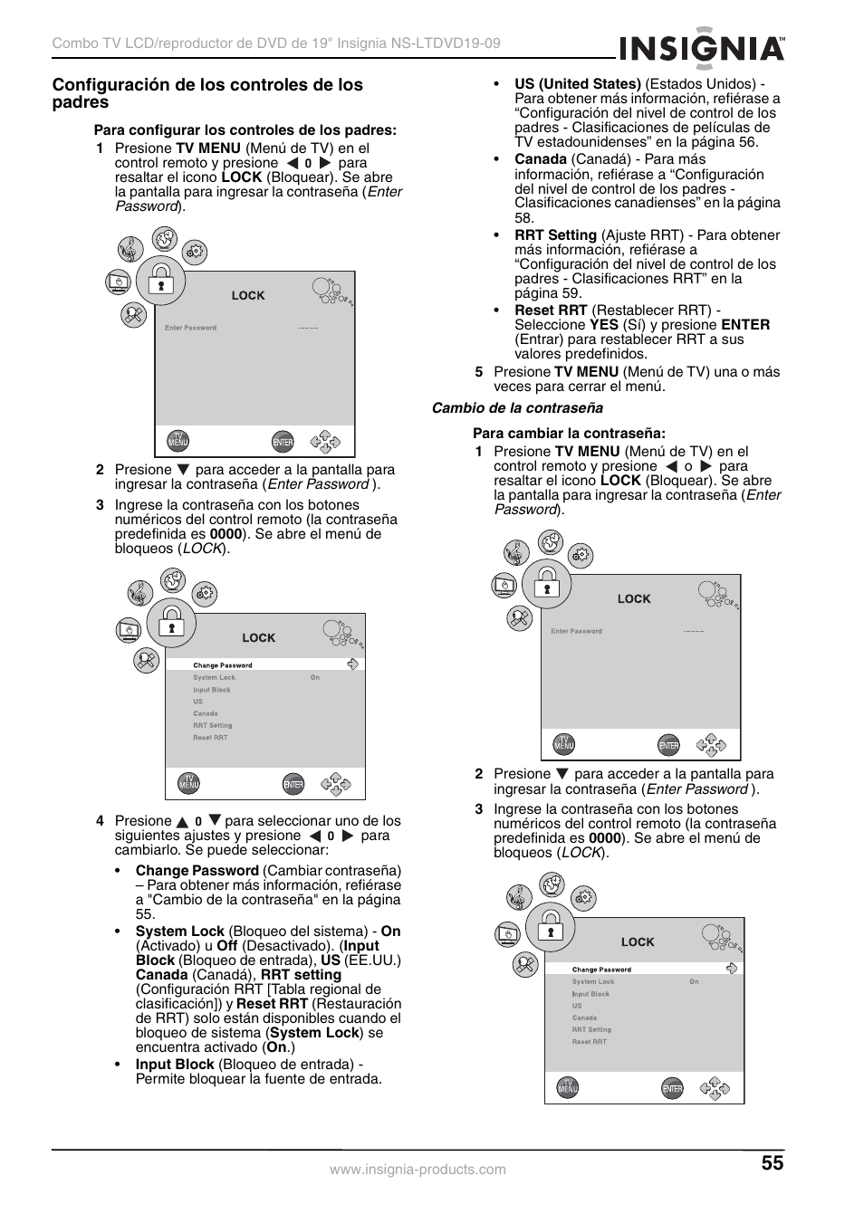 Configuración de los controles de los padres, Cambio de la contraseña | Insignia User Guide User Manual | Page 55 / 76