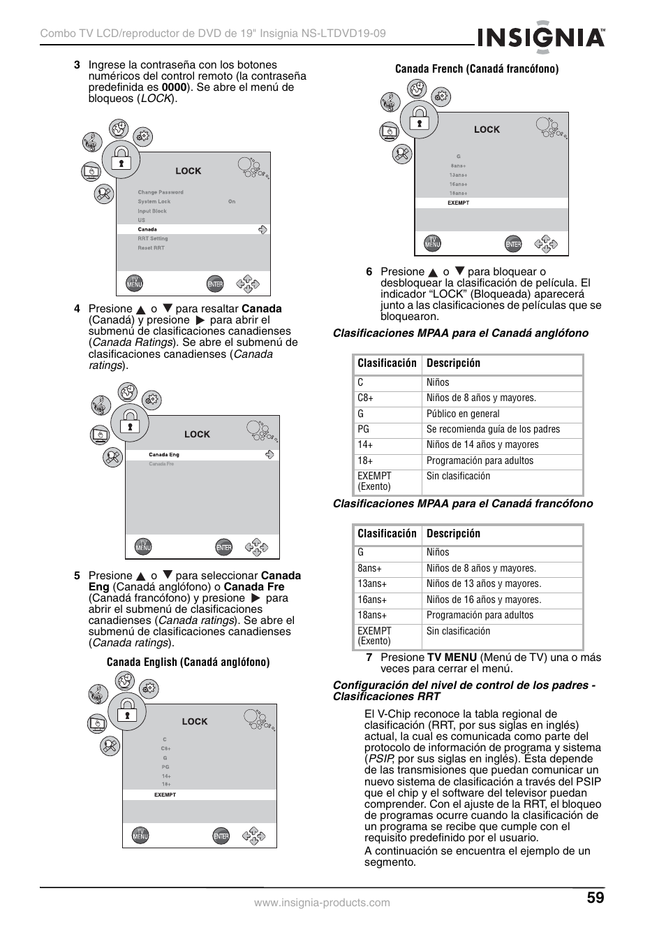 Clasificaciones mpaa para el canadá anglófono, Clasificaciones mpaa para el canadá francófono, A 59 | Insignia User Guide User Manual | Page 59 / 76