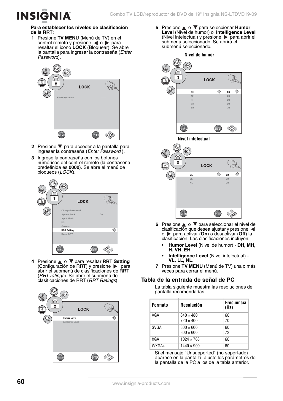 Tabla de la entrada de señal de pc | Insignia User Guide User Manual | Page 60 / 76