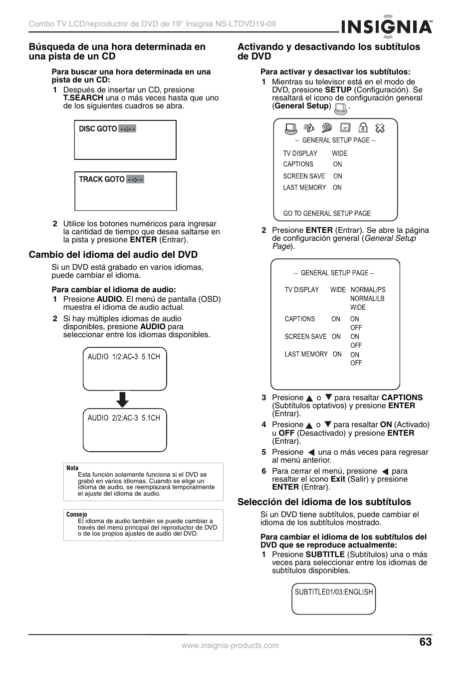 Cambio del idioma del audio del dvd, Activando y desactivando los subtítulos de dvd, Selección del idioma de los subtítulos | Insignia User Guide User Manual | Page 63 / 76