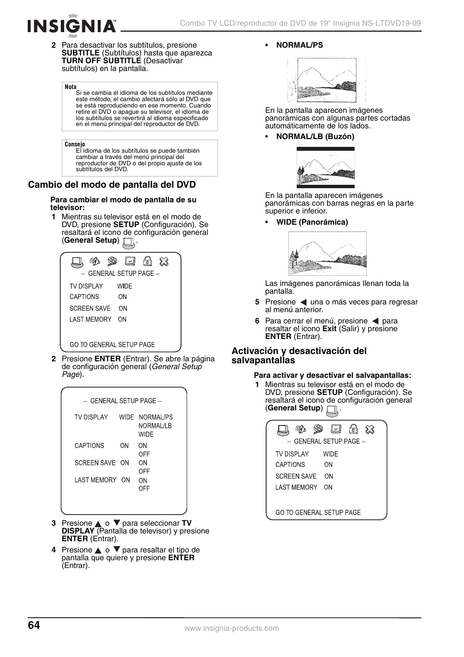Cambio del modo de pantalla del dvd, Activación y desactivación del salvapantallas | Insignia User Guide User Manual | Page 64 / 76