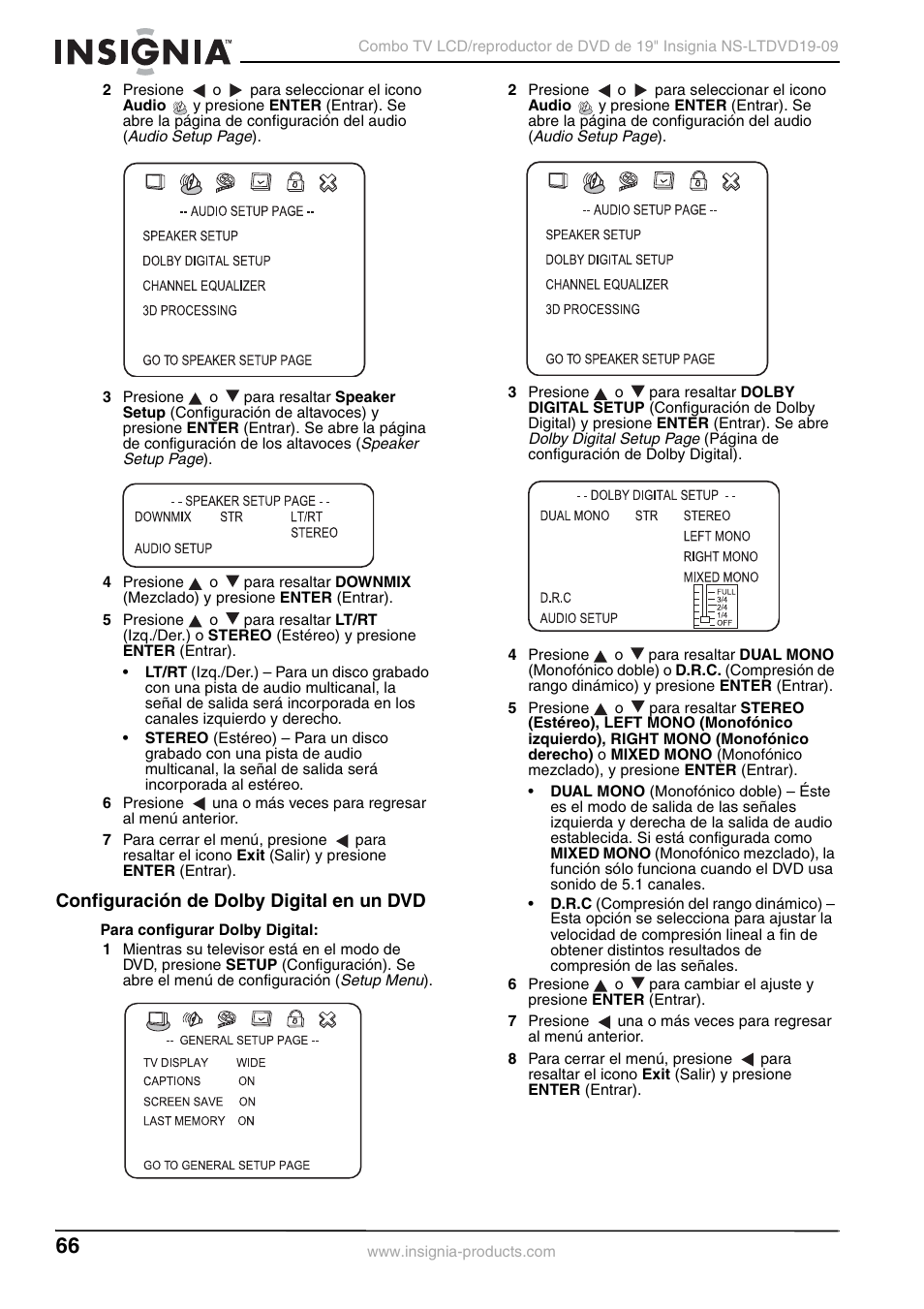 Configuración de dolby digital en un dvd | Insignia User Guide User Manual | Page 66 / 76