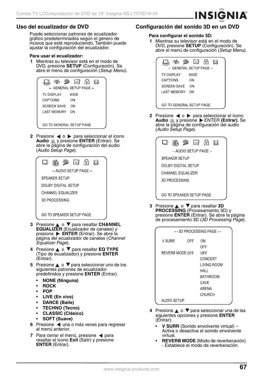 Uso del ecualizador de dvd, Configuración del sonido 3d en un dvd | Insignia User Guide User Manual | Page 67 / 76