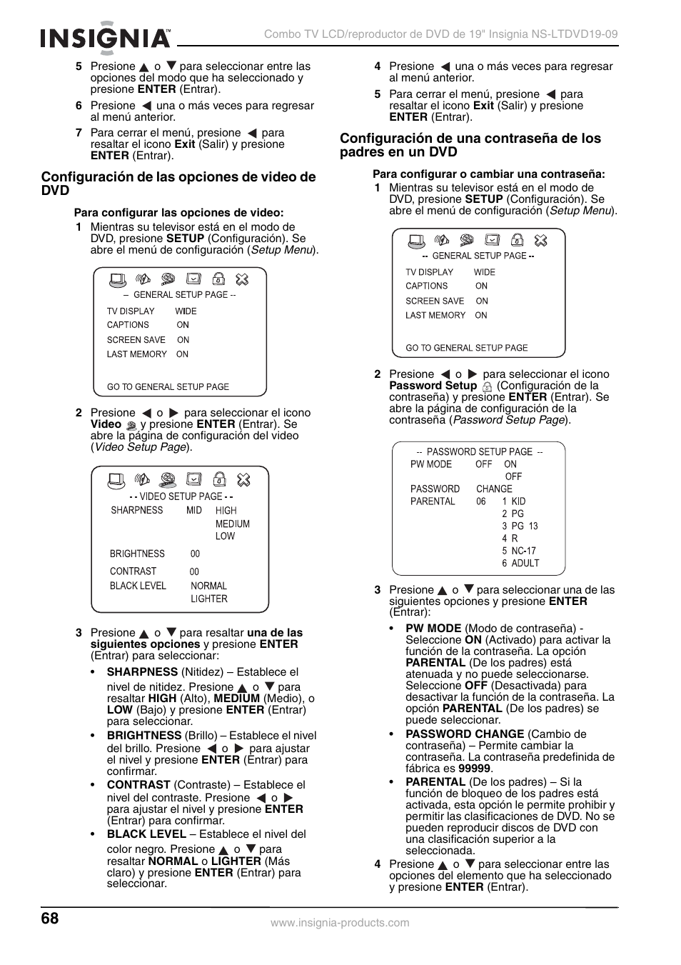 Configuración de las opciones de video de dvd | Insignia User Guide User Manual | Page 68 / 76