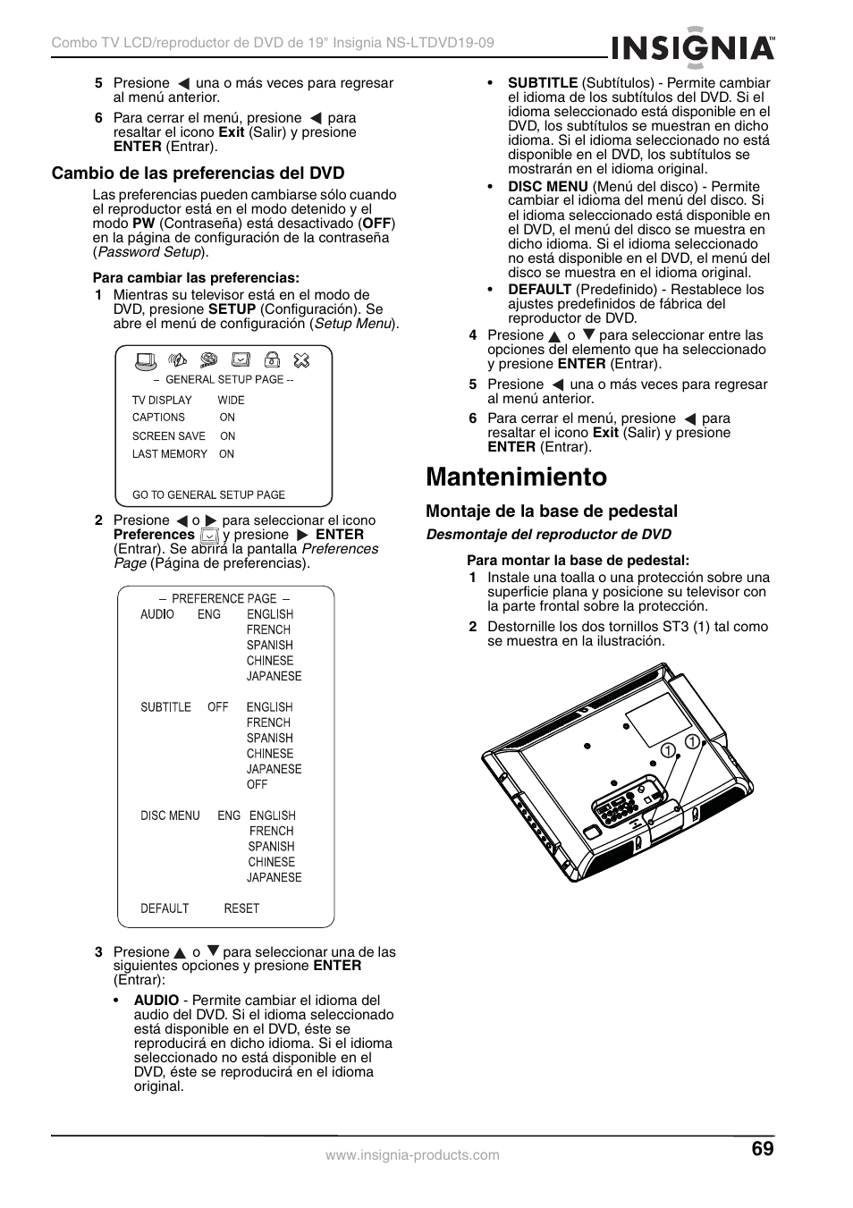 Cambio de las preferencias del dvd, Mantenimiento, Montaje de la base de pedestal | Desmontaje del reproductor de dvd | Insignia User Guide User Manual | Page 69 / 76