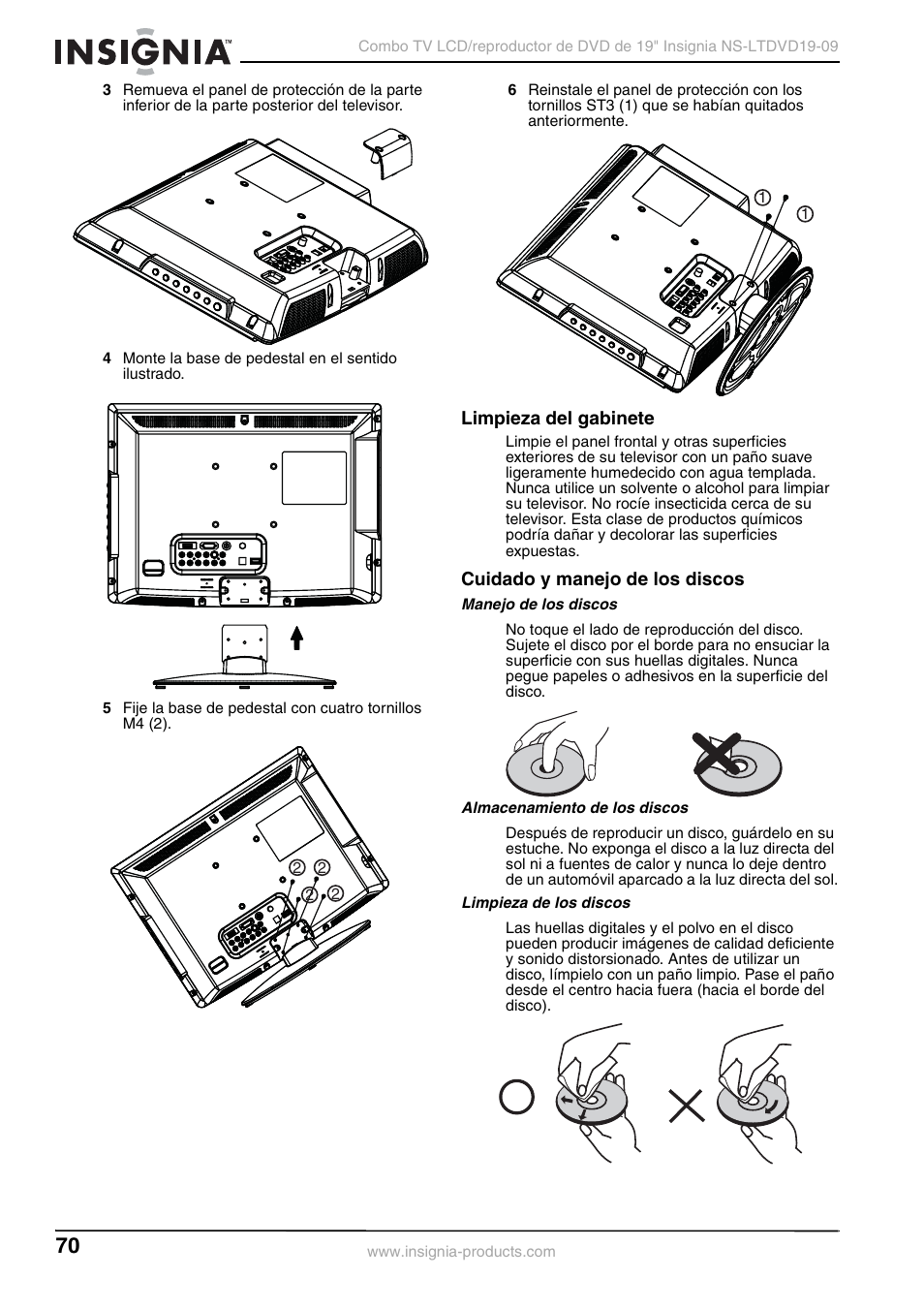 Limpieza del gabinete, Cuidado y manejo de los discos, Manejo de los discos | Almacenamiento de los discos, Limpieza de los discos | Insignia User Guide User Manual | Page 70 / 76