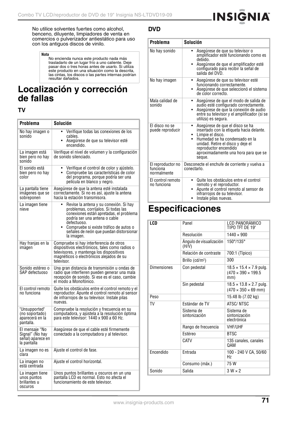 Localización y corrección de fallas, Especificaciones, Tv dvd | Insignia User Guide User Manual | Page 71 / 76