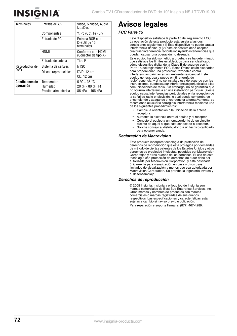 Avisos legales, Fcc parte 15, Declaración de macrovision | Derechos de reproducción | Insignia User Guide User Manual | Page 72 / 76