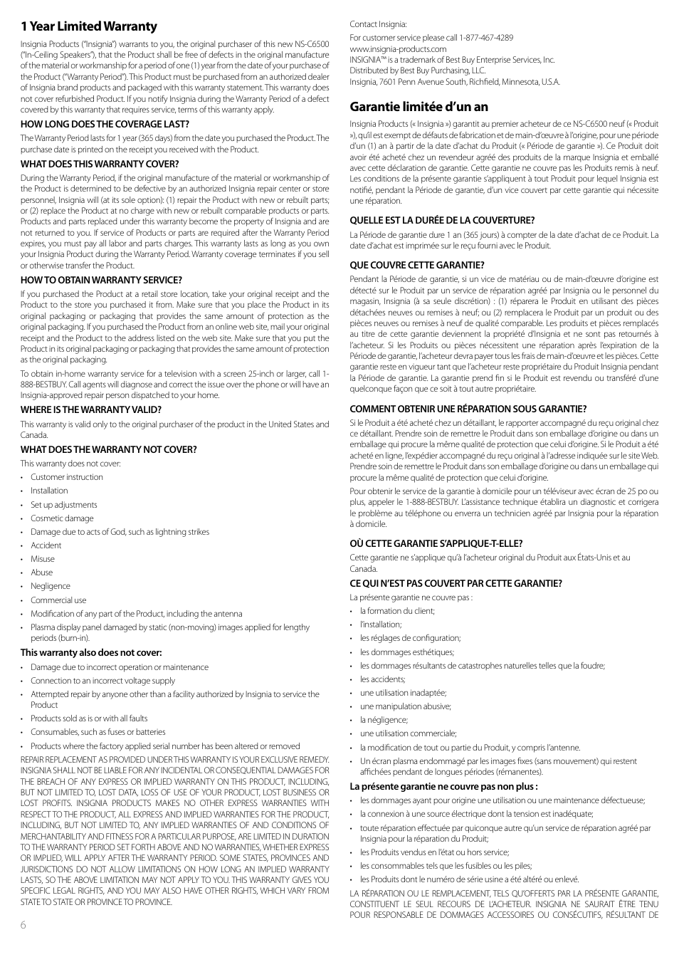 1 year limited warranty, Garantie limitée d’un an | Insignia NS-C6500 User Manual | Page 6 / 8