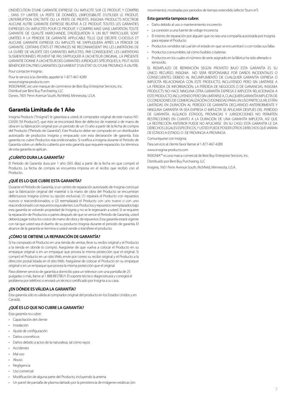 Garantía limitada de 1 año | Insignia NS-C6500 User Manual | Page 7 / 8