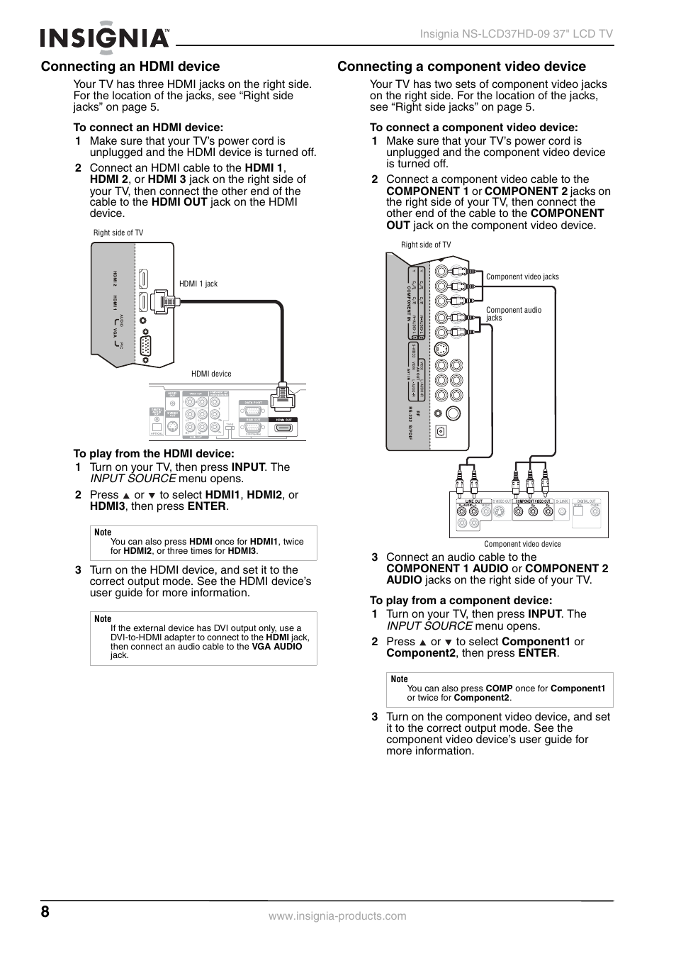 Connecting an hdmi device, Connecting a component video device | Insignia NS-LCD37HD-09 User Manual | Page 10 / 36