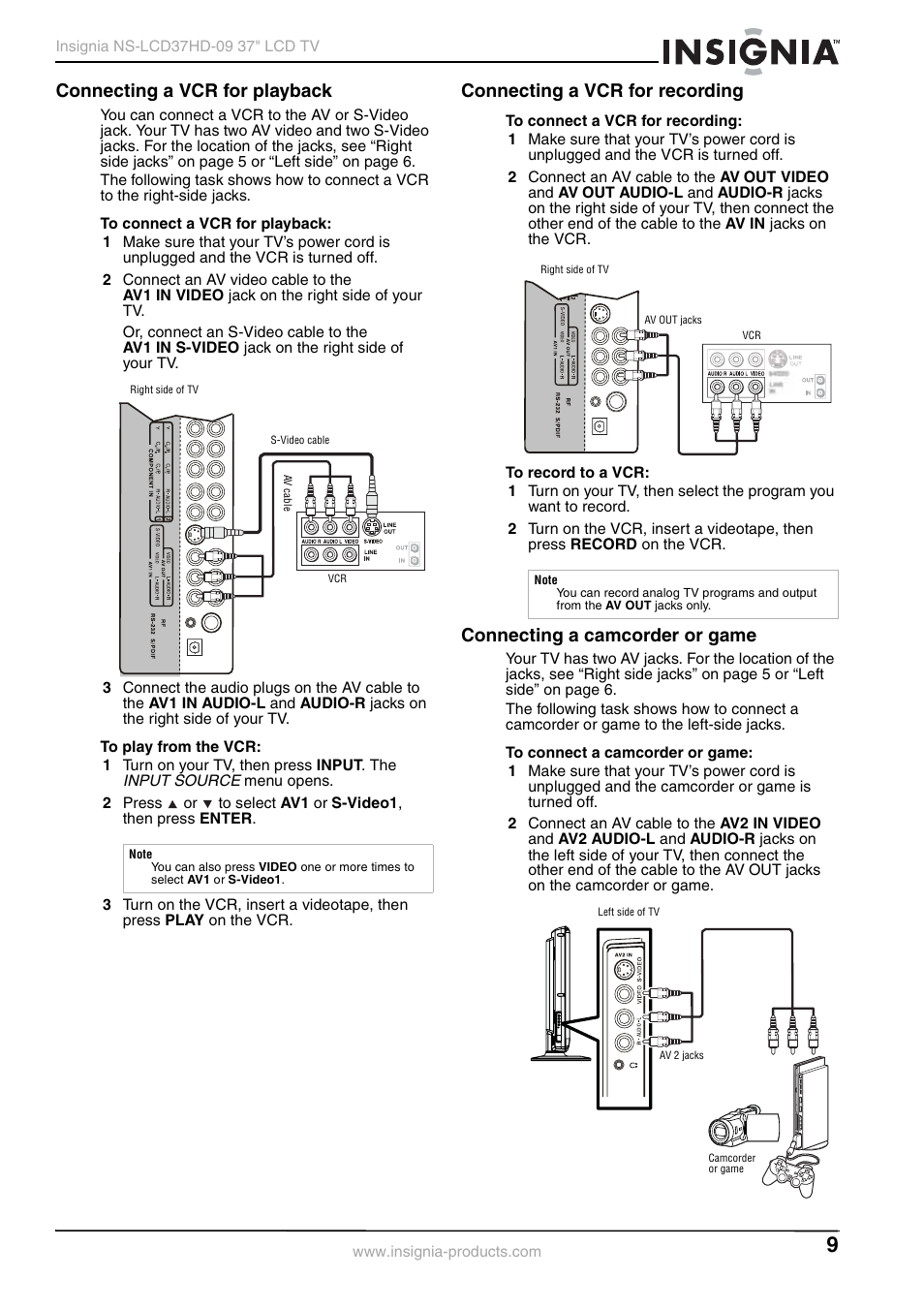 Connecting a vcr for playback, Connecting a vcr for recording, Connecting a camcorder or game | Insignia NS-LCD37HD-09 User Manual | Page 11 / 36