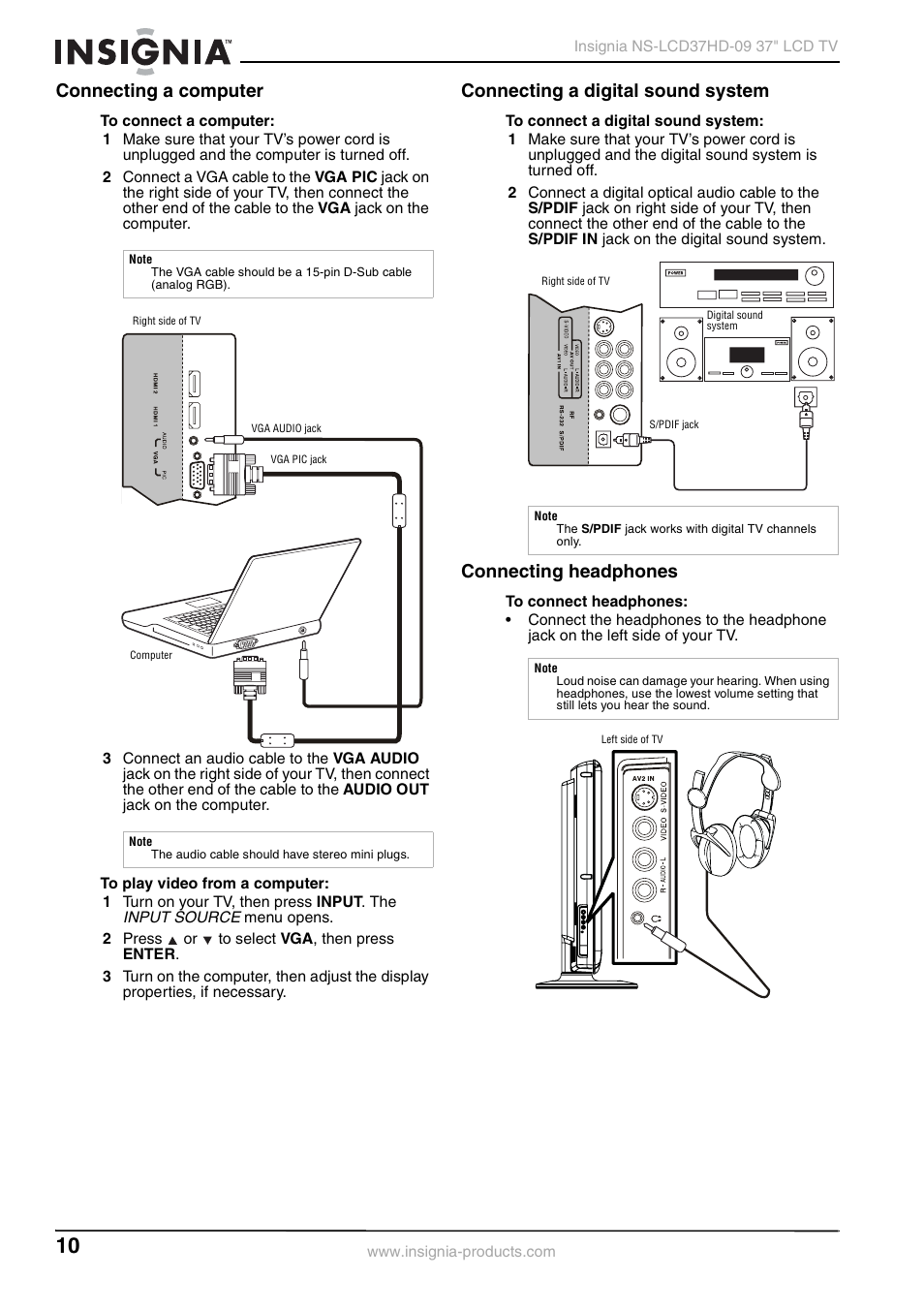 Connecting a computer, Connecting a digital sound system, Connecting headphones | Insignia NS-LCD37HD-09 User Manual | Page 12 / 36