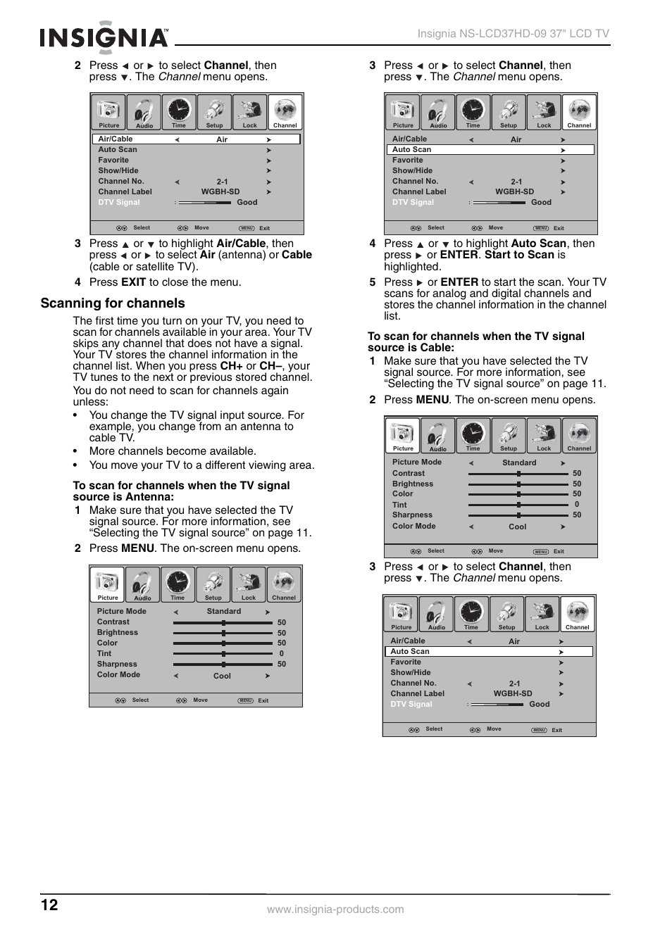 Scanning for channels, Channel, Menu opens | Insignia NS-LCD37HD-09 User Manual | Page 14 / 36