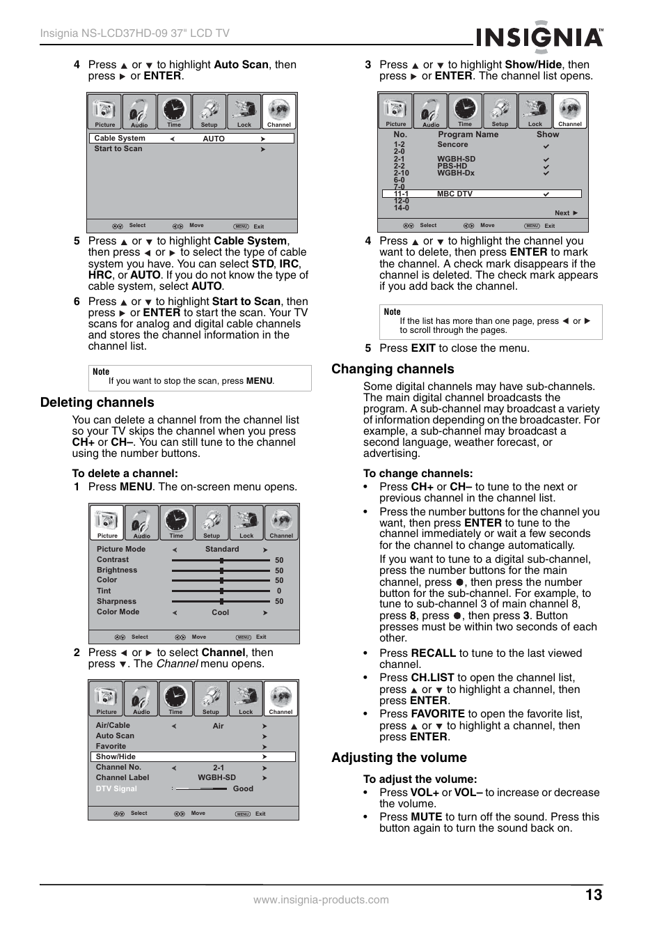 Deleting channels, Changing channels, Adjusting the volume | E “changing channels, See “changing channels, Channel | Insignia NS-LCD37HD-09 User Manual | Page 15 / 36