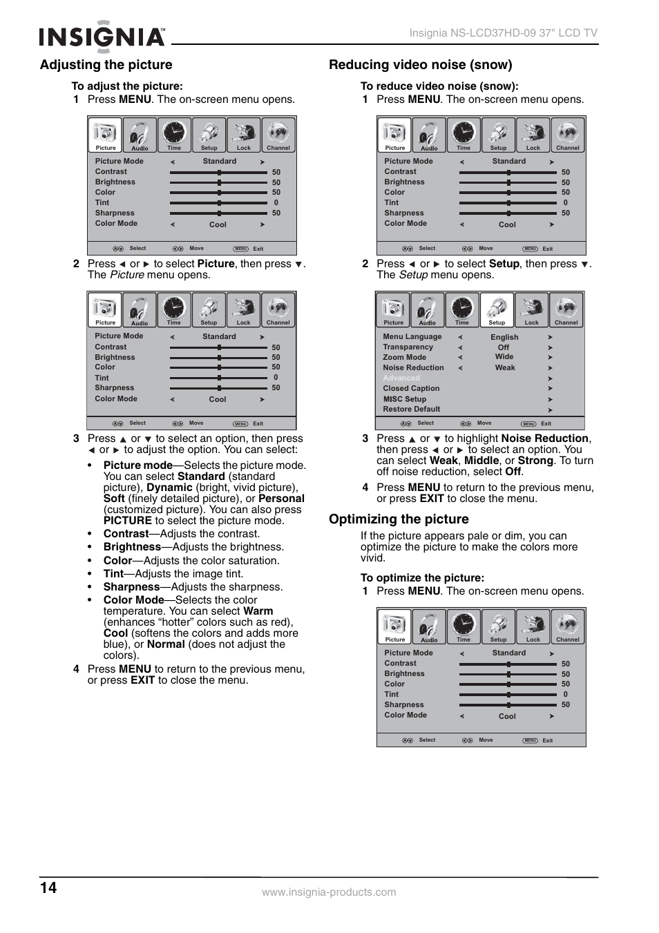 Adjusting the picture, Reducing video noise (snow), Optimizing the picture | Picture, Setup | Insignia NS-LCD37HD-09 User Manual | Page 16 / 36