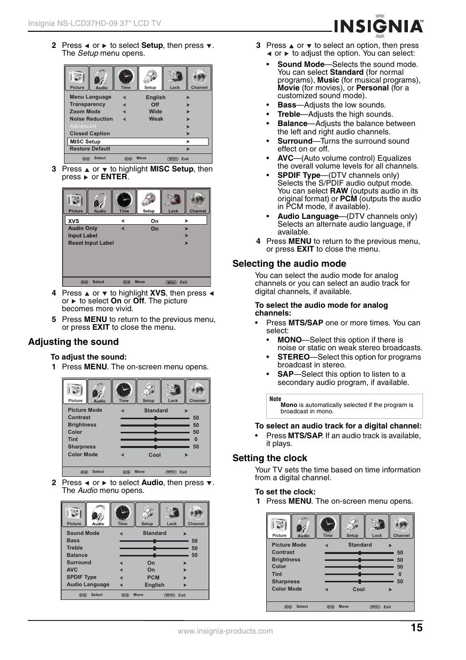 Adjusting the sound, Selecting the audio mode, Setting the clock | See “selecting the audio mode, Ge 15, Setup, Audio | Insignia NS-LCD37HD-09 User Manual | Page 17 / 36