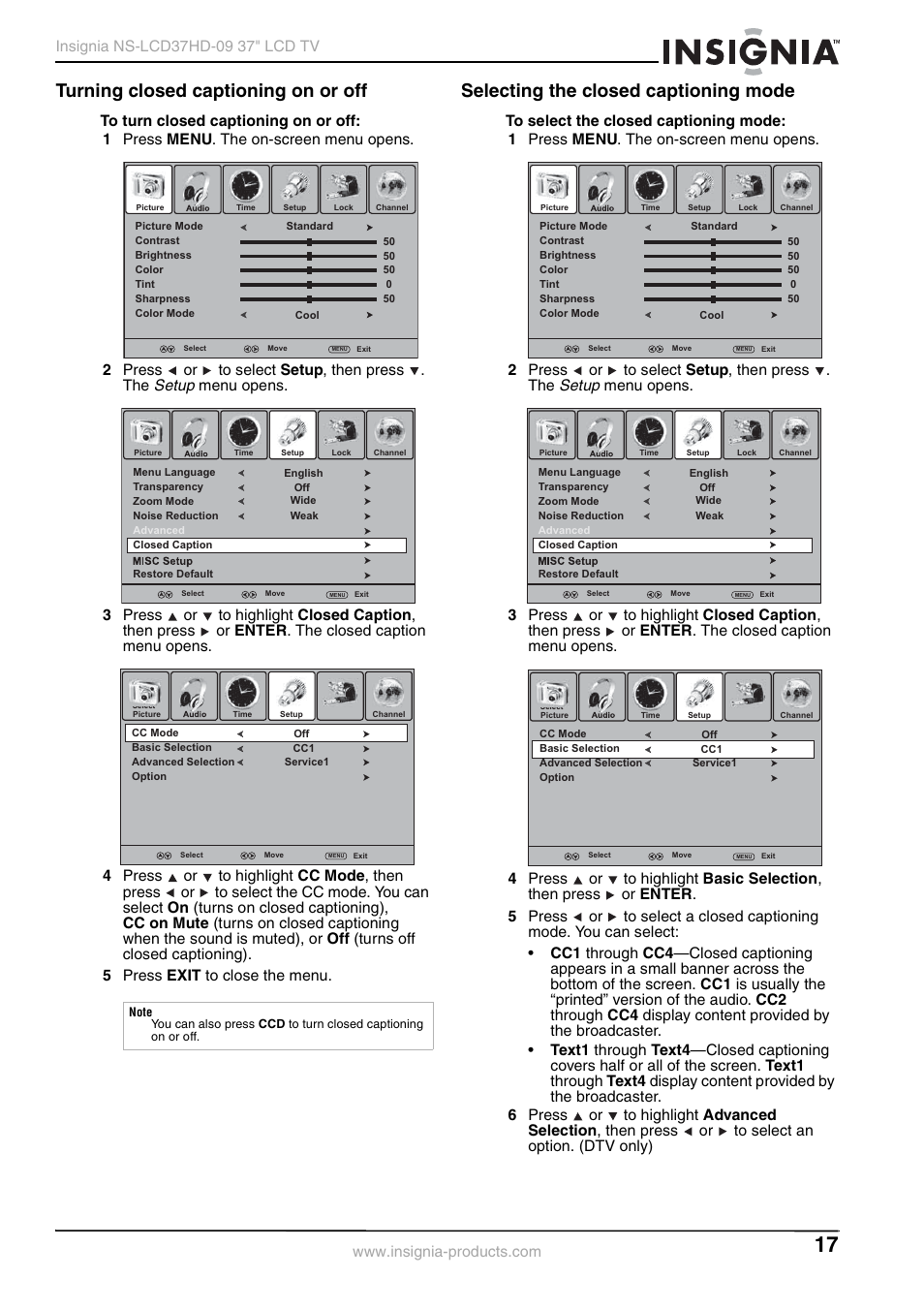 Turning closed captioning on or off, Selecting the closed captioning mode, Setup | Insignia NS-LCD37HD-09 User Manual | Page 19 / 36