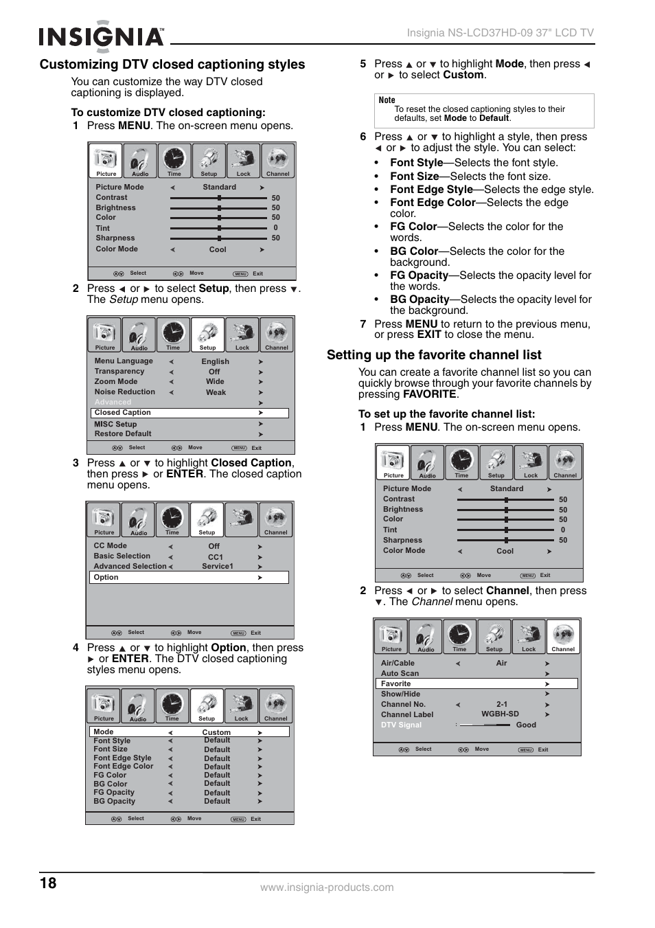 Customizing dtv closed captioning styles, Setting up the favorite channel list, Setup | Channel, Menu opens | Insignia NS-LCD37HD-09 User Manual | Page 20 / 36