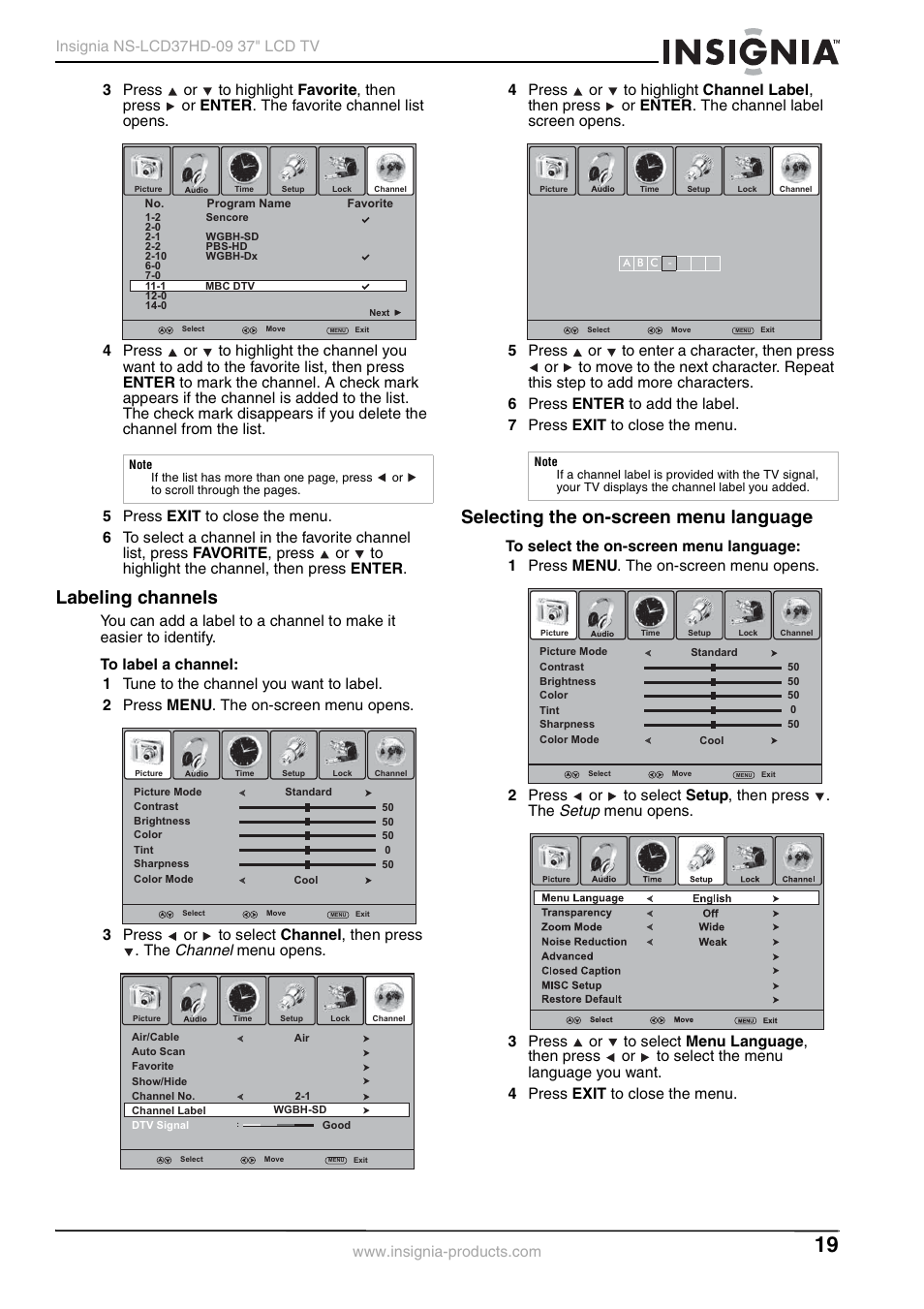 Labeling channels, Selecting the on-screen menu language, Channel | Setup | Insignia NS-LCD37HD-09 User Manual | Page 21 / 36