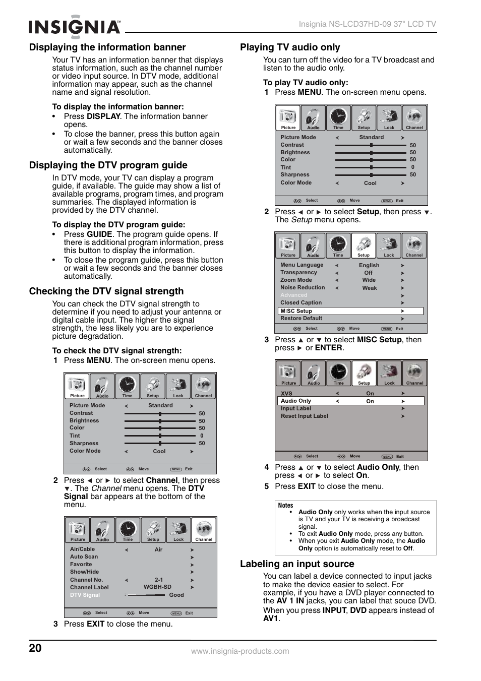 Displaying the information banner, Displaying the dtv program guide, Checking the dtv signal strength | Playing tv audio only, Labeling an input source, E “displaying the dtv program guide, Channel, Setup | Insignia NS-LCD37HD-09 User Manual | Page 22 / 36