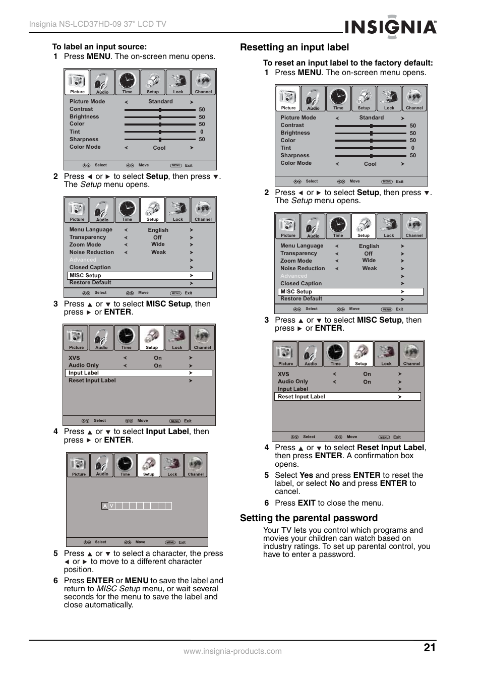 Resetting an input label, Setting the parental password, Setup | Misc setup | Insignia NS-LCD37HD-09 User Manual | Page 23 / 36
