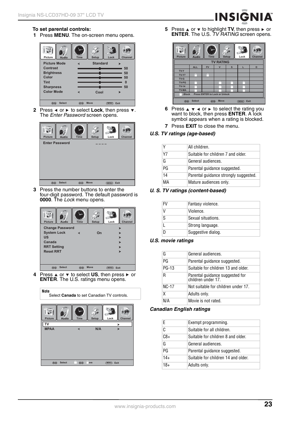 U.s. tv ratings (age-based), U. s. tv ratings (content-based), U.s. movie ratings | Canadian english ratings, Enter password, Lock, Tv rating | Insignia NS-LCD37HD-09 User Manual | Page 25 / 36