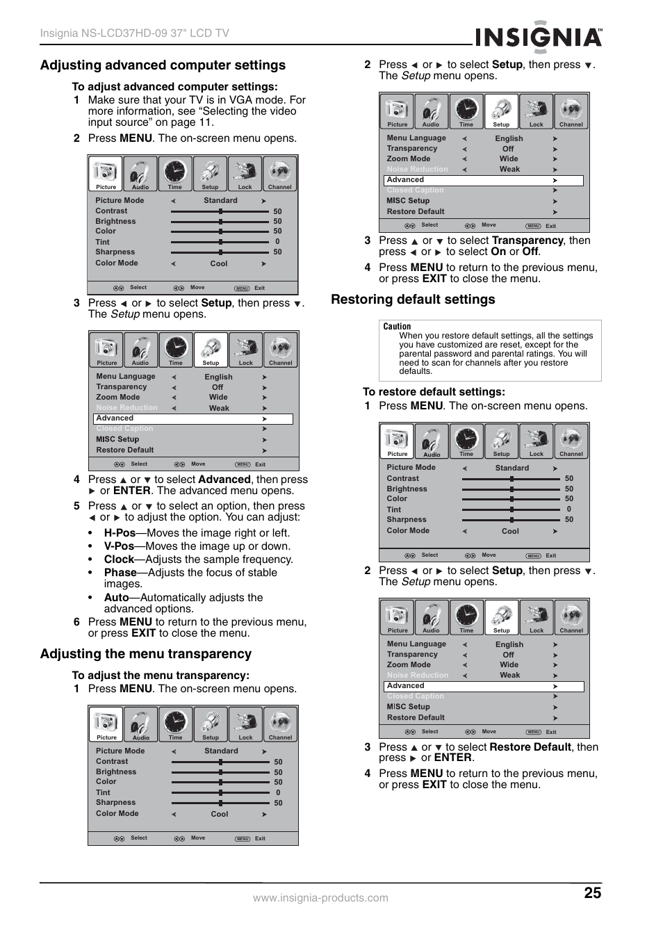 Adjusting advanced computer settings, Adjusting the menu transparency, Restoring default settings | Setup | Insignia NS-LCD37HD-09 User Manual | Page 27 / 36