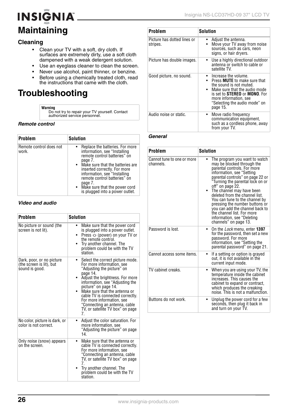 Maintaining, Cleaning, Troubleshooting | Remote control, Video and audio, General, Maintaining troubleshooting | Insignia NS-LCD37HD-09 User Manual | Page 28 / 36