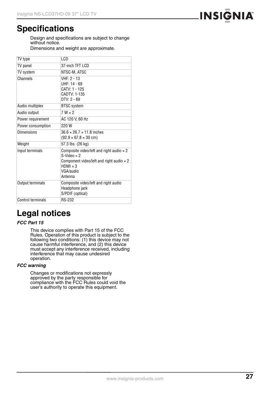 Specifications, Legal notices, Fcc part 15 | Fcc warning | Insignia NS-LCD37HD-09 User Manual | Page 29 / 36