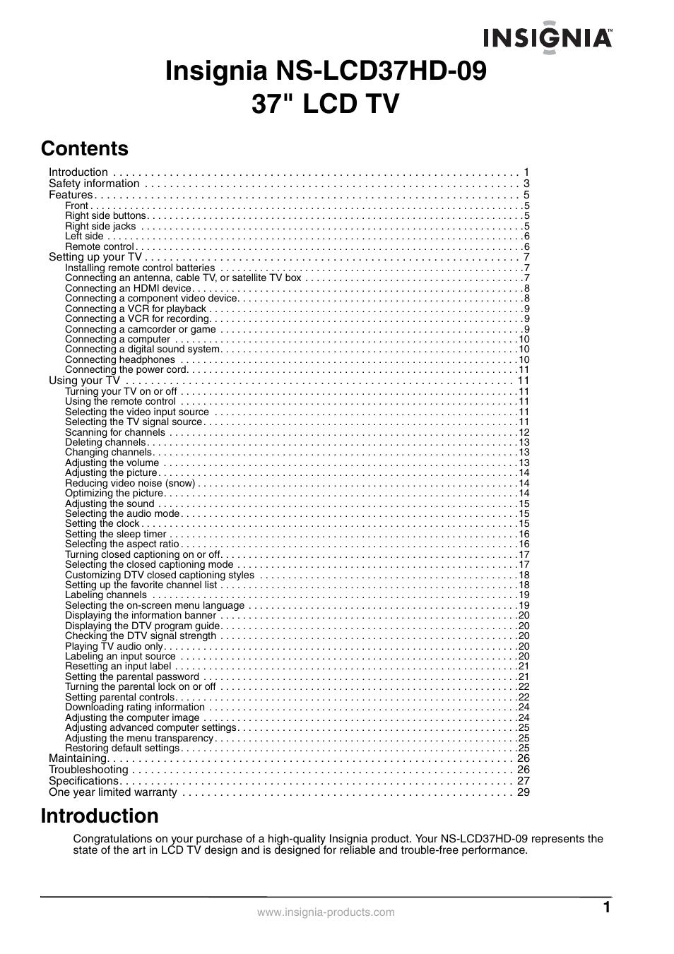 Insignia NS-LCD37HD-09 User Manual | Page 3 / 36