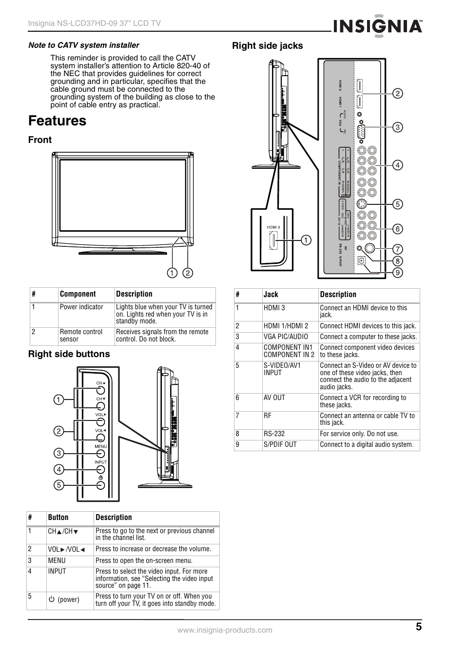 Note to catv system installer, Features, Front | Right side buttons, Right side jacks, Front right side buttons right side jacks | Insignia NS-LCD37HD-09 User Manual | Page 7 / 36