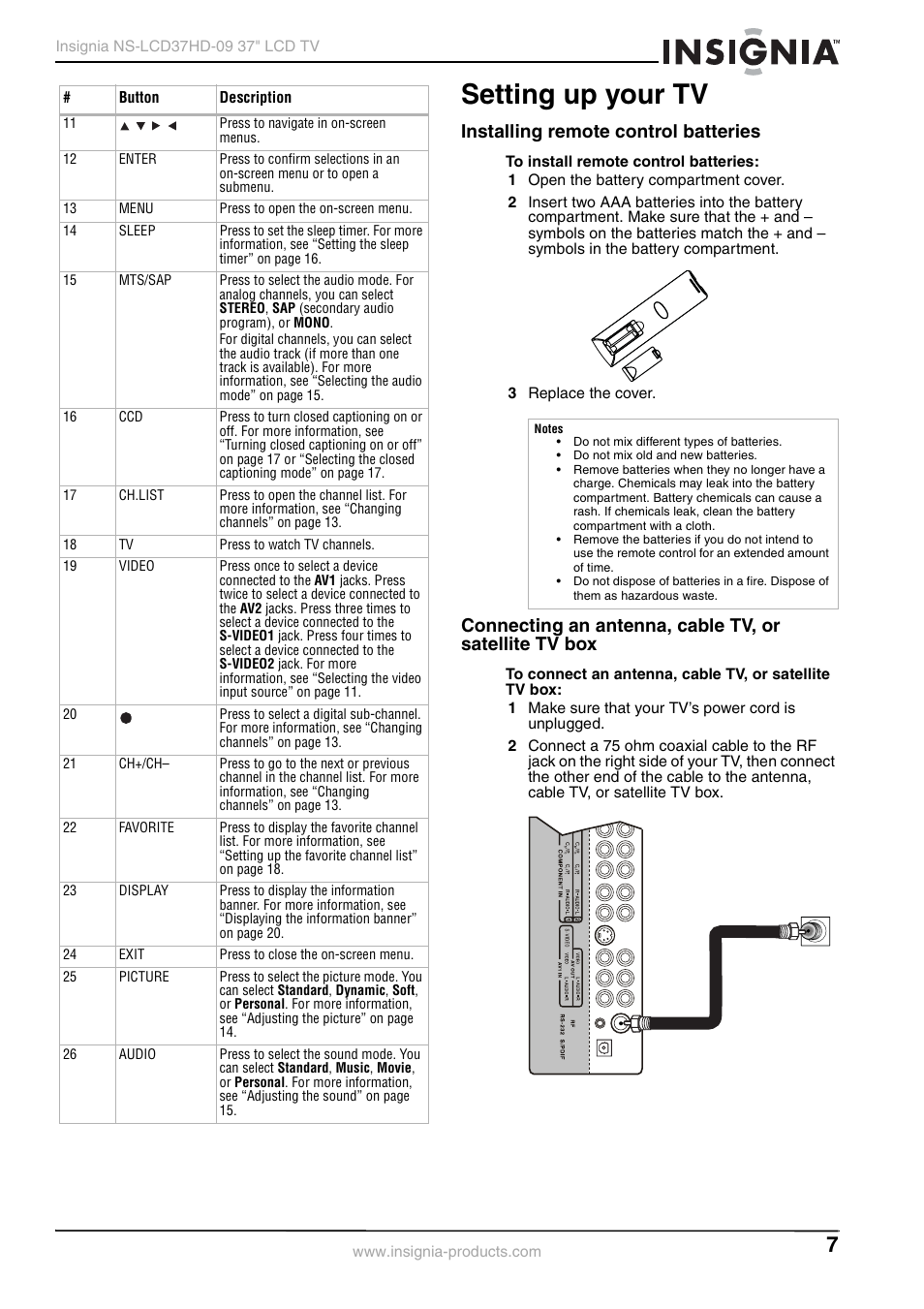 Setting up your tv, Installing remote control batteries | Insignia NS-LCD37HD-09 User Manual | Page 9 / 36