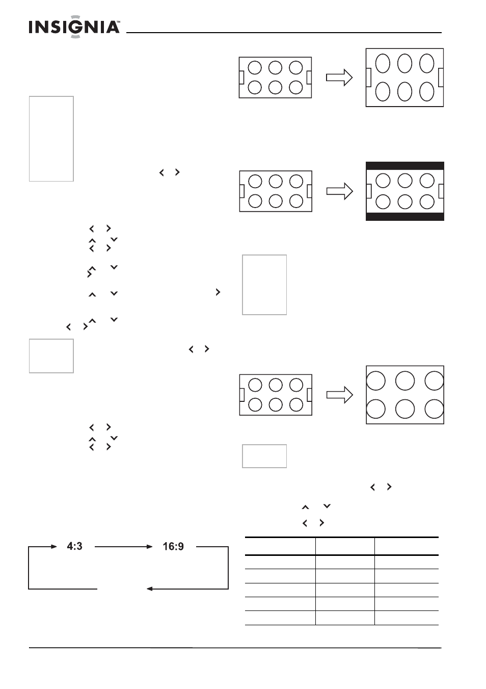 Setting the off timer, To set the off timer, Enable or disable the on/off timer function | To turn on or turn of the on/off timer, Setting the picture size, Zoom, 3 picture size, 9 picture size, Zoom picture size (for 16:9 format programs), Adjusting the picture | Insignia NS-FTV27 User Manual | Page 15 / 72