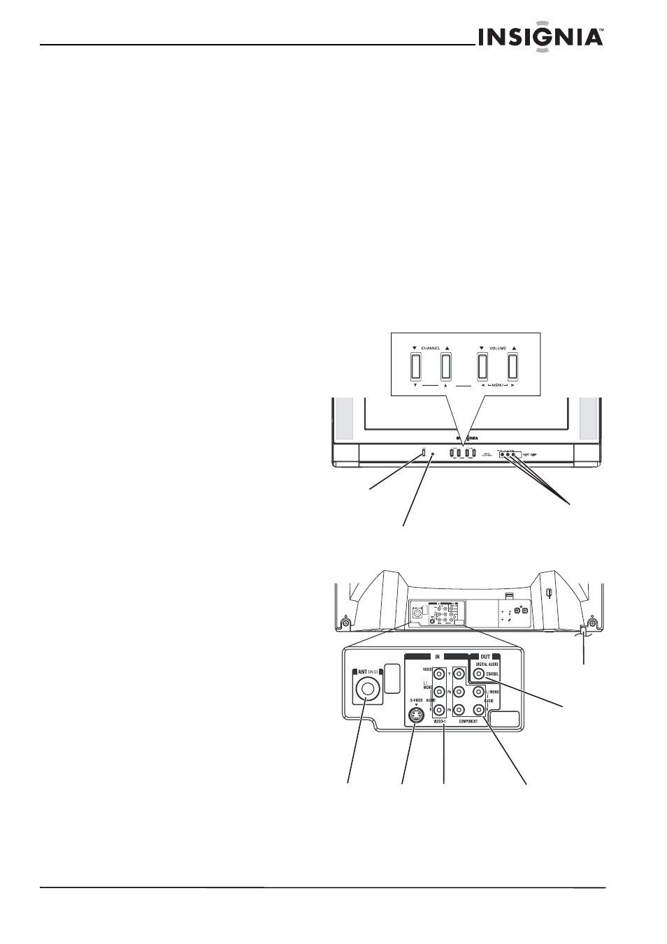 Nota para el instalador del sistema de televisión, Características, Partes y funciones | Frente, Vista posterior | Insignia NS-FTV27 User Manual | Page 48 / 72