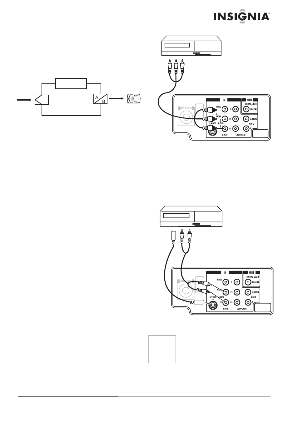 Conexión a otros equipos, Selección de la fuente de entrada de video, Conexión del televisor a un vcr | Insignia NS-FTV27 User Manual | Page 52 / 72