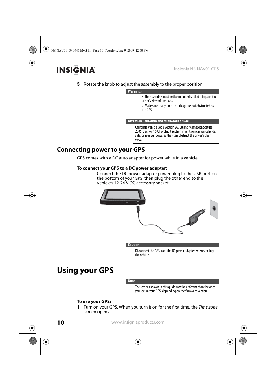 Connecting power to your gps, Using your gps | Insignia NS-NAV01 User Manual | Page 10 / 45