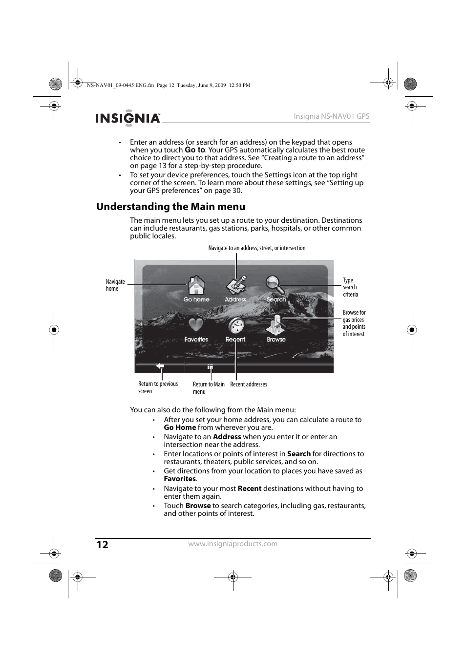 Understanding the main menu | Insignia NS-NAV01 User Manual | Page 12 / 45