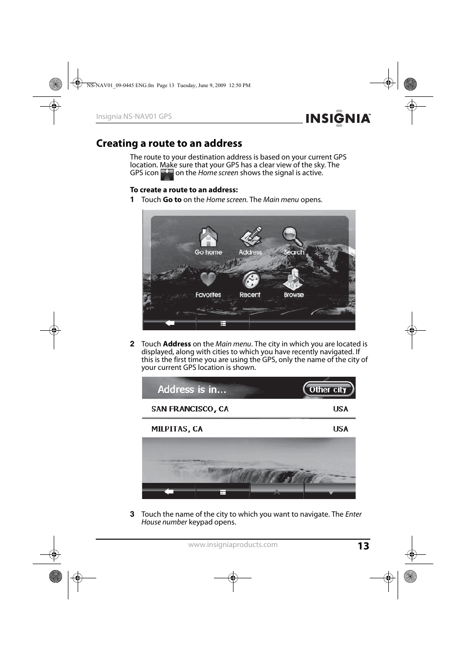 Creating a route to an address | Insignia NS-NAV01 User Manual | Page 13 / 45