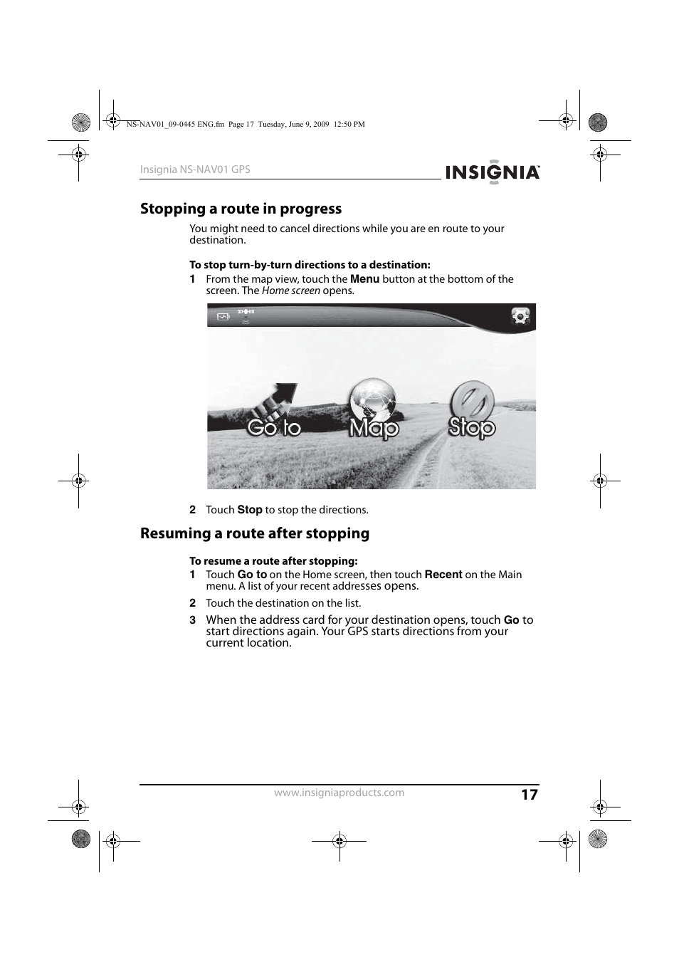 Stopping a route in progress, Resuming a route after stopping | Insignia NS-NAV01 User Manual | Page 17 / 45