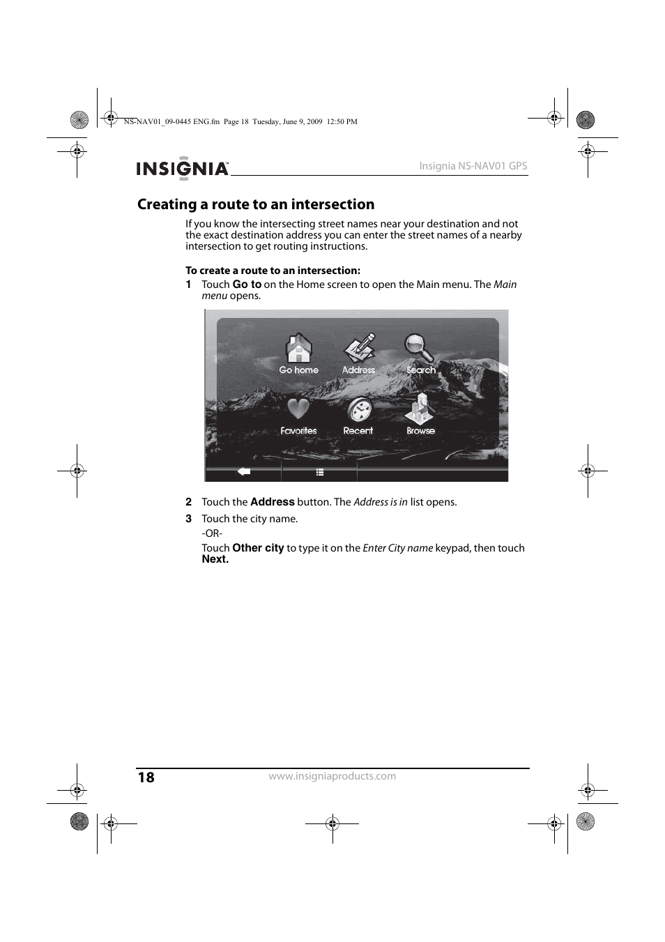 Creating a route to an intersection | Insignia NS-NAV01 User Manual | Page 18 / 45