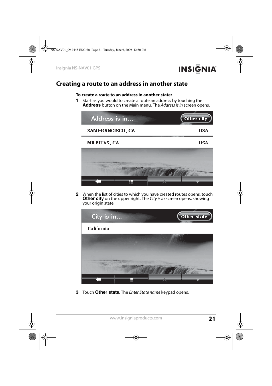 Creating a route to an address in another state | Insignia NS-NAV01 User Manual | Page 21 / 45