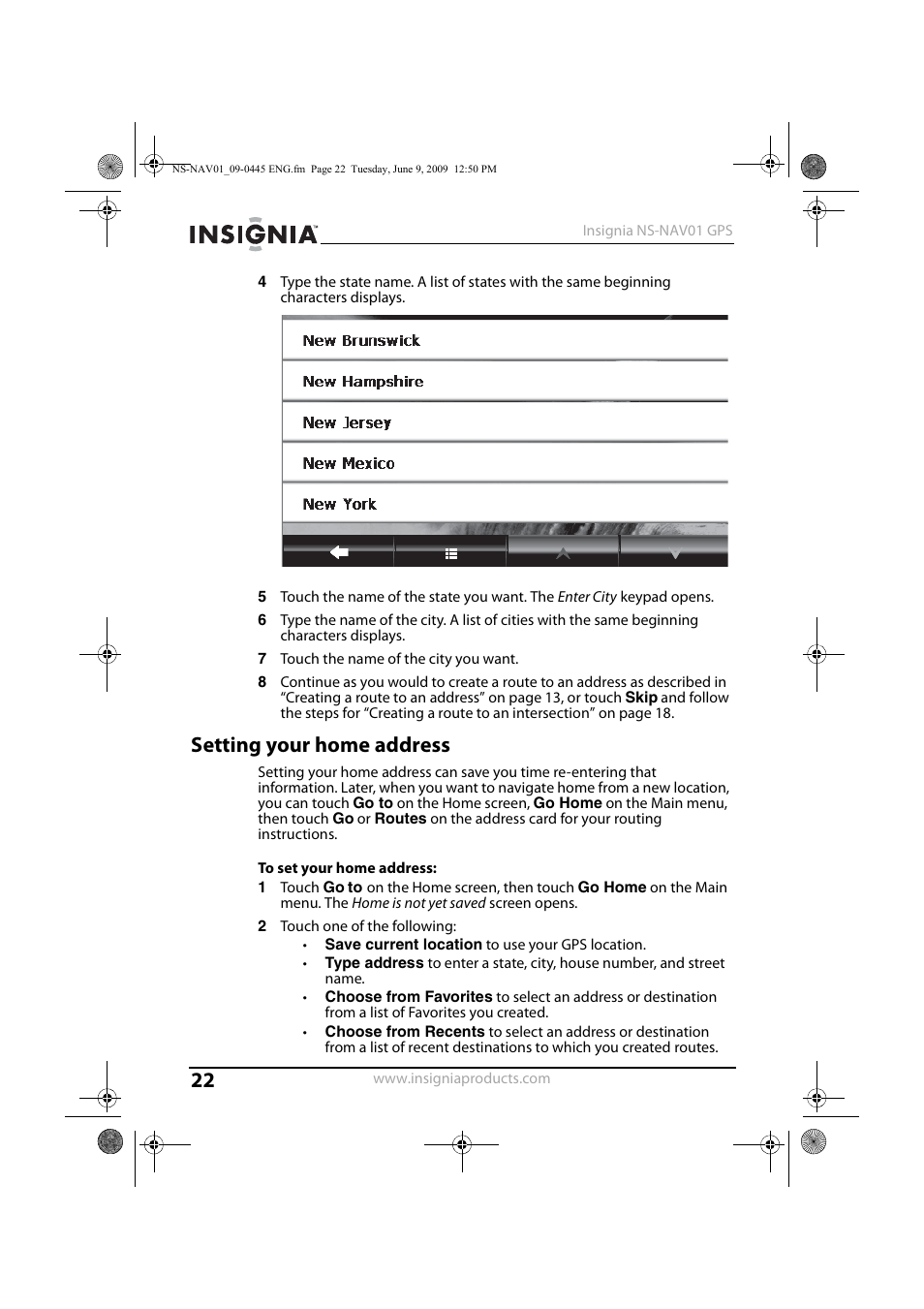 Setting your home address | Insignia NS-NAV01 User Manual | Page 22 / 45