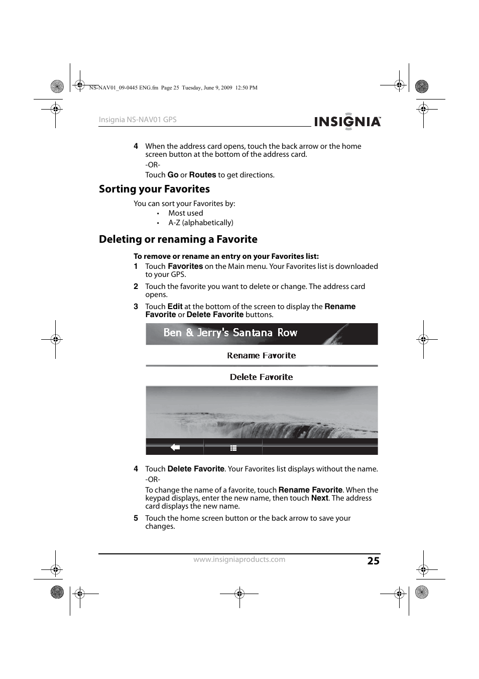 Sorting your favorites, Deleting or renaming a favorite | Insignia NS-NAV01 User Manual | Page 25 / 45