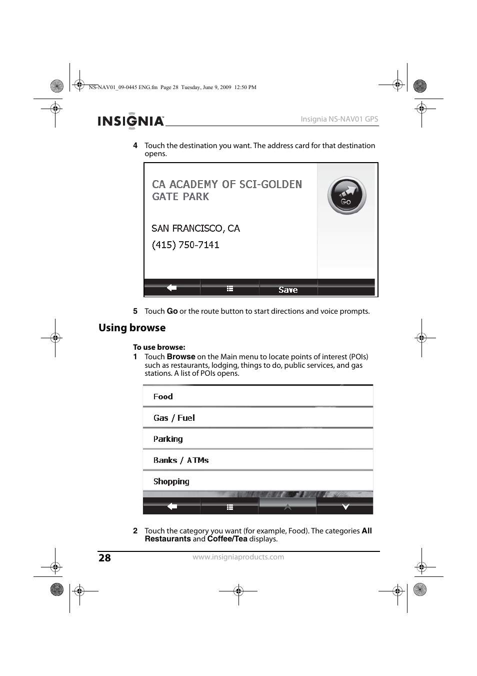 Using browse, 28 t | Insignia NS-NAV01 User Manual | Page 28 / 45