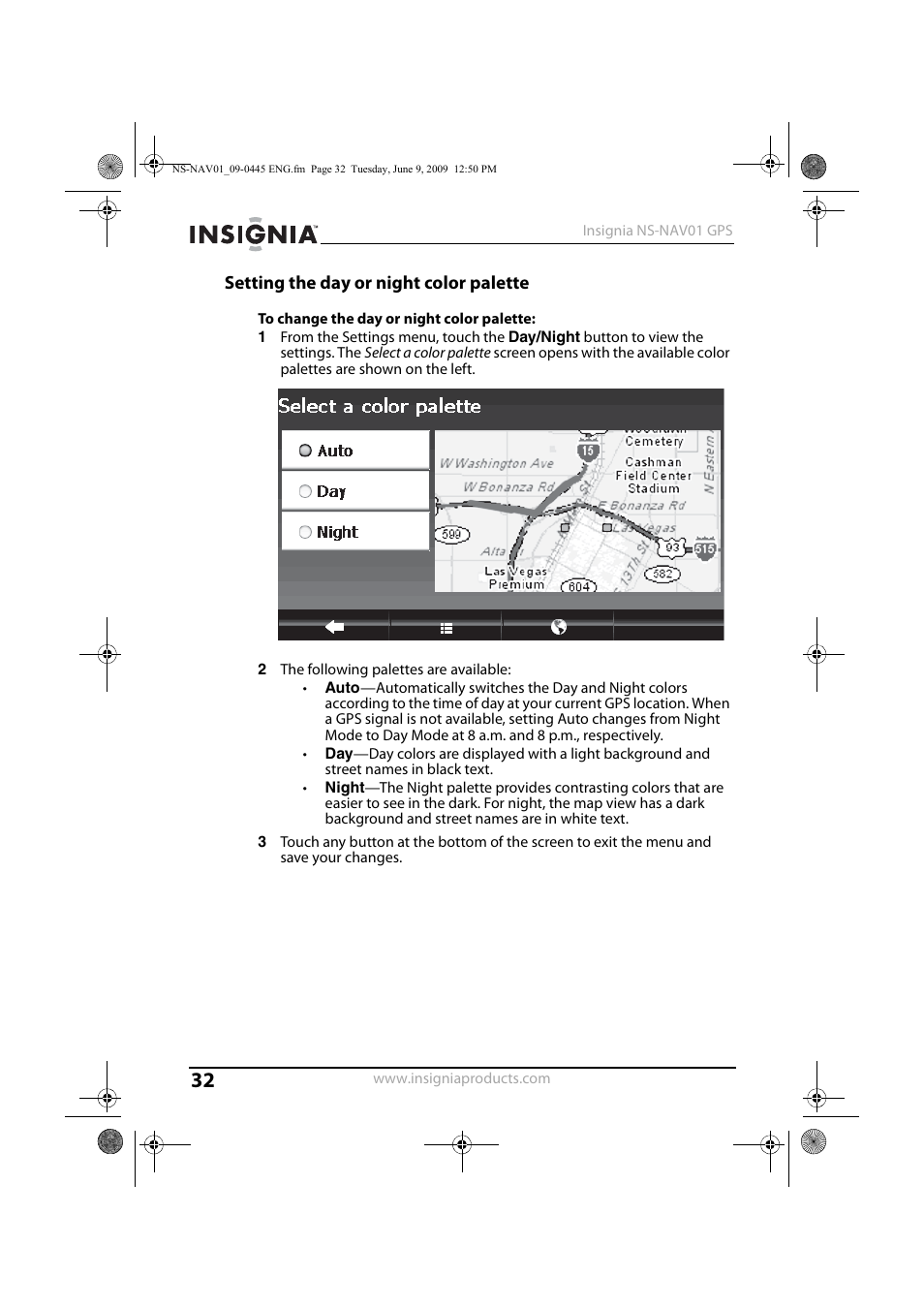 Setting the day or night color palette | Insignia NS-NAV01 User Manual | Page 32 / 45