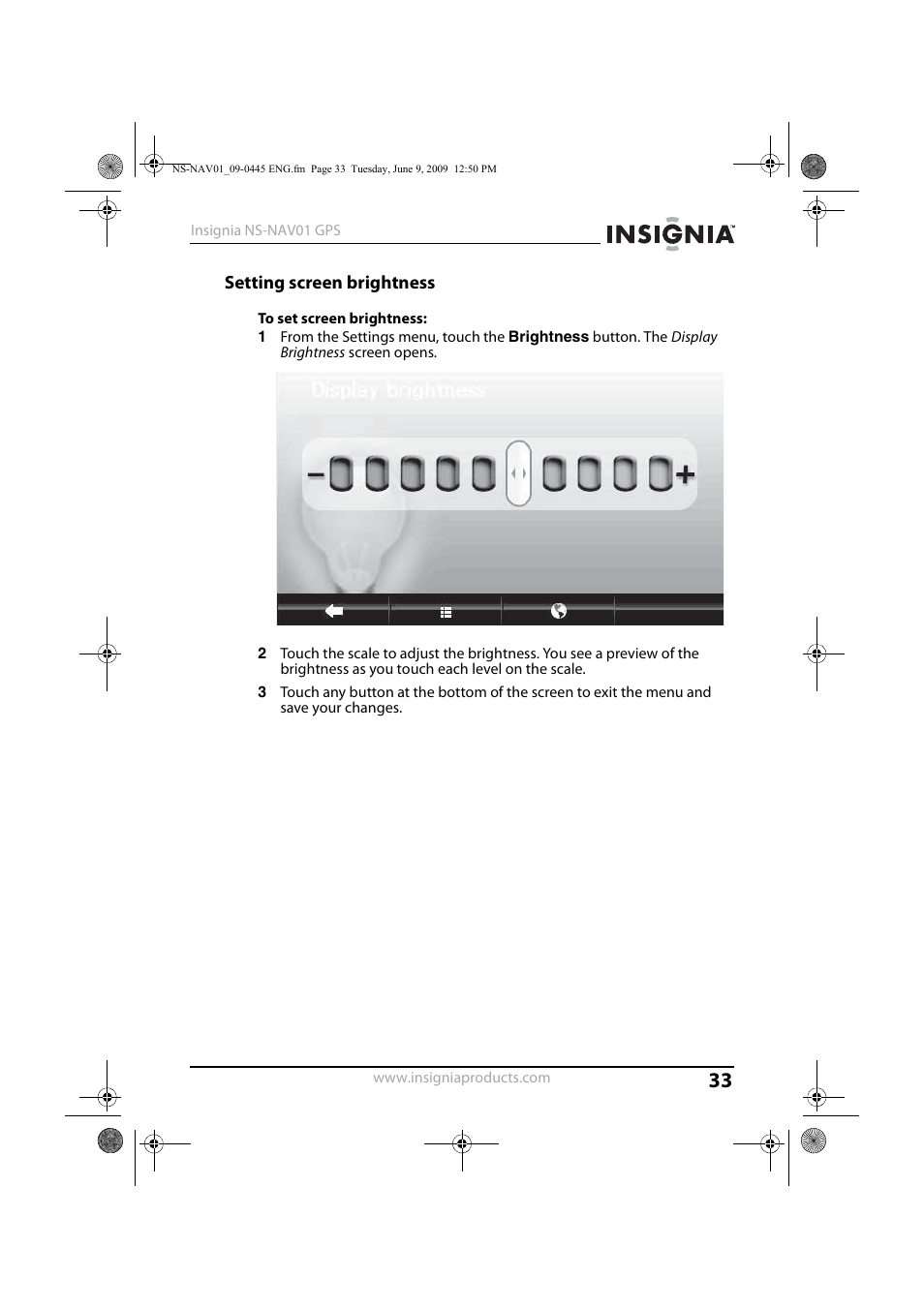 Setting screen brightness | Insignia NS-NAV01 User Manual | Page 33 / 45