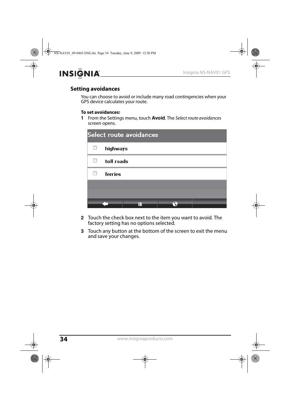 Setting avoidances | Insignia NS-NAV01 User Manual | Page 34 / 45