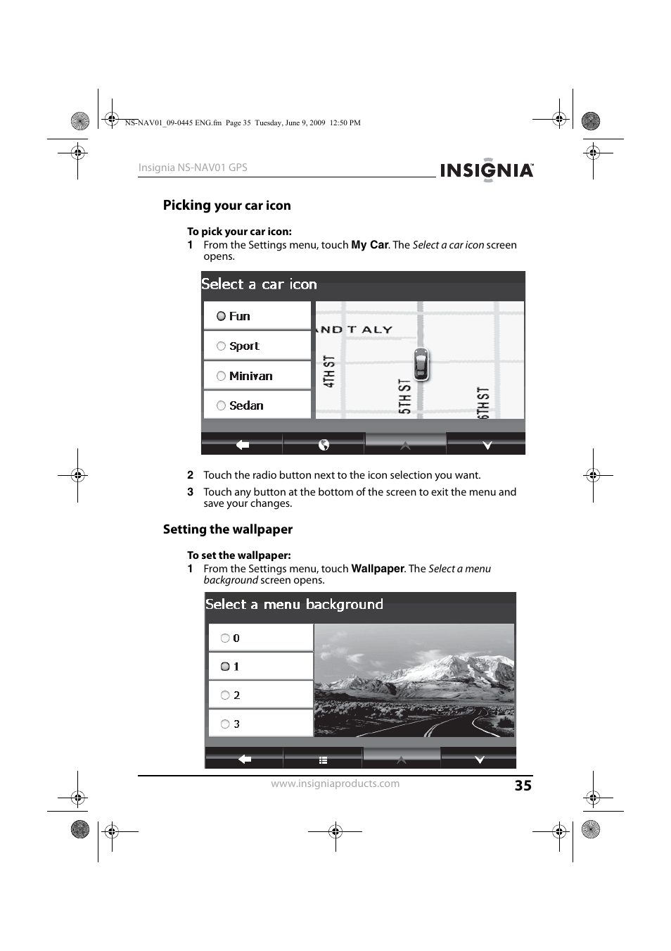 Picking your car icon, Setting the wallpaper, Picking | Insignia NS-NAV01 User Manual | Page 35 / 45